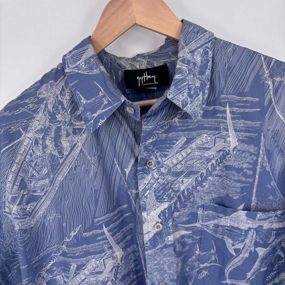Vintage 90s Guy Harvey Shirt Mens XL Blue Nautical All Over Print USA Made *FLAW